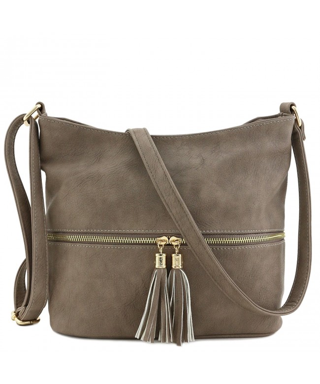 Tassel Zipper Bucket Crossbody Taupe