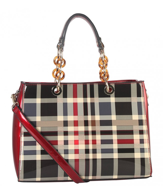 Shiny Patent PU Leather Plaid Pattern Tote with Faux Agate Ring Décor ...