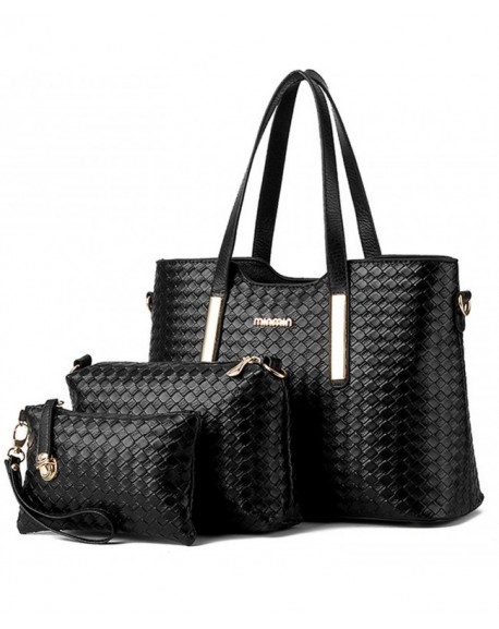 Women 3 Piece Tote Bag Pu Leather Weave Handbag Shoulder Purse Bags Black Cf12icb3mtl 3573