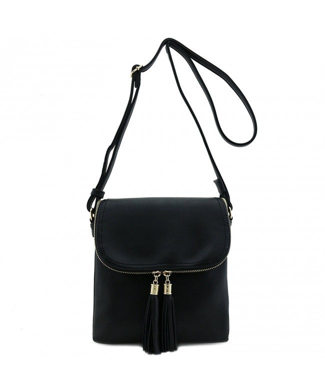 Flap Top Double Compartment Crossbody Bag With Tassel Accent Black Cq17aaqst43 0465