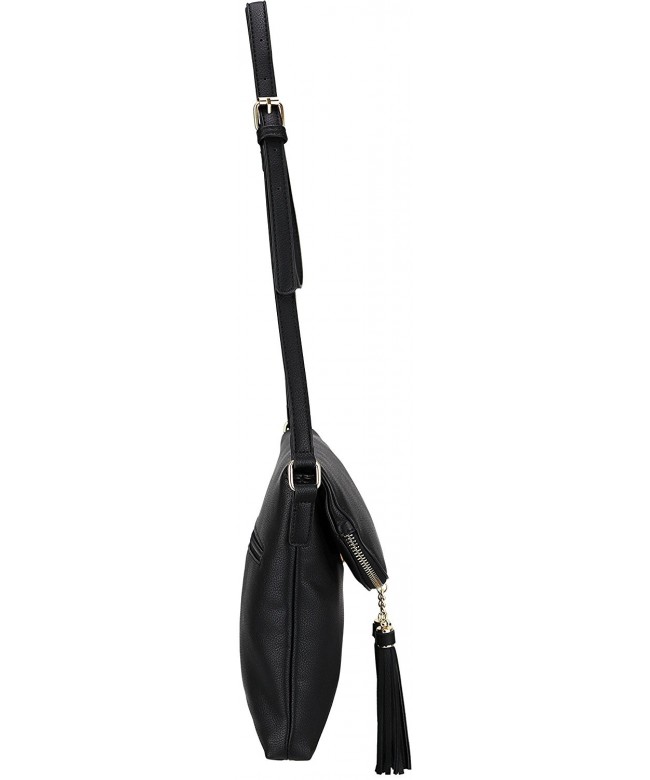 Vegan Medium Flap-Over Crossbody Handbag with Tassel Accents - Black ...