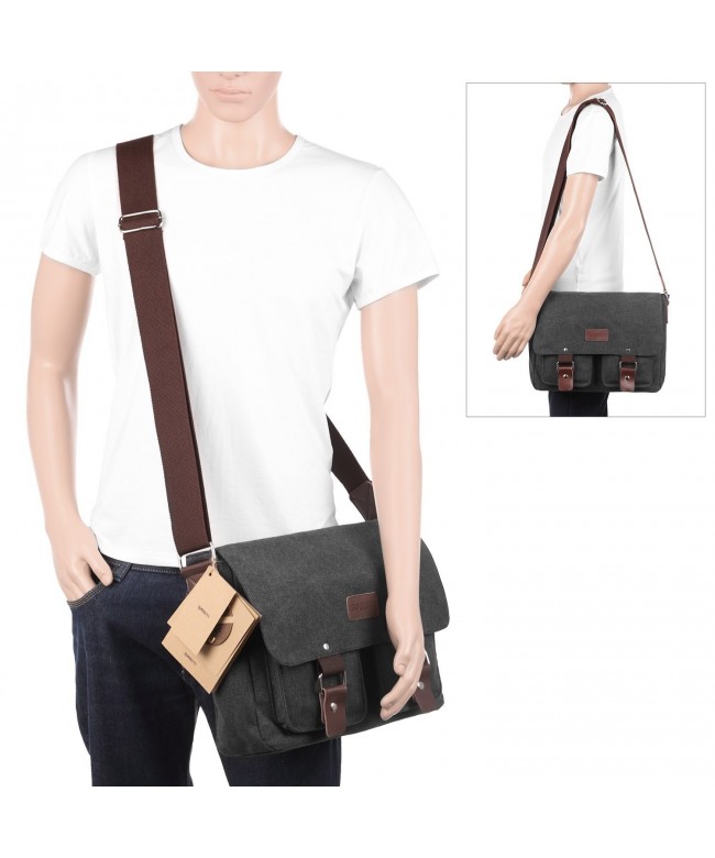 14-Inch Canvas Messenger Bag Laptop Satchel for School - Black - Black ...